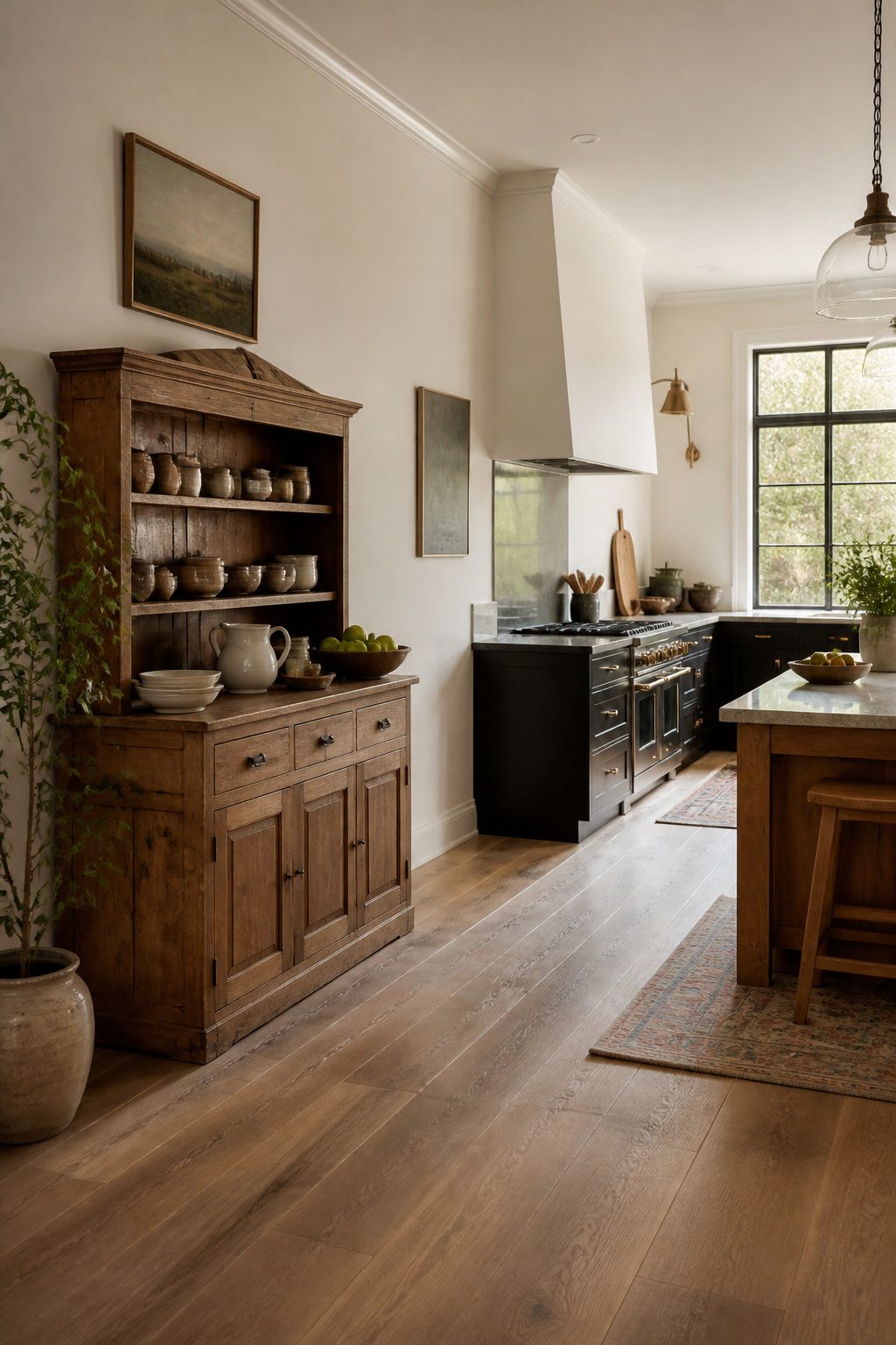 A kitchen featuring a vintage hutch against modern cabinetry.