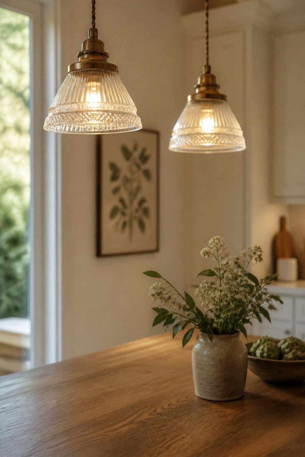 A kitchen featuring vintage glass lighting fixtures above the island.