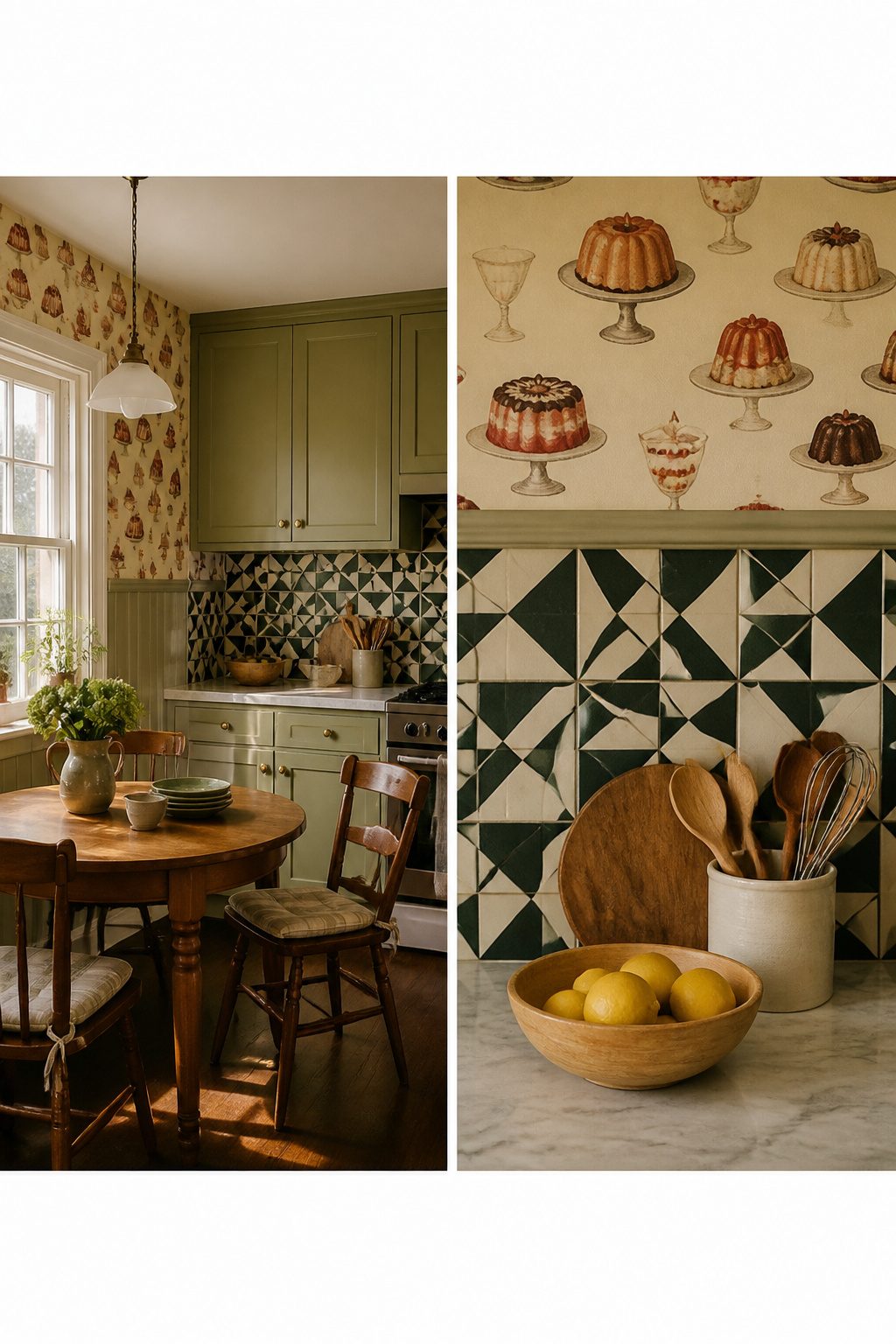 A kitchen with vintage wallpaper and a graphic tile backsplash.