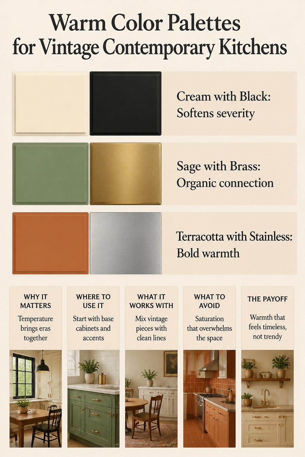 An image showing warm color palettes suitable for vintage contemporary kitchens.