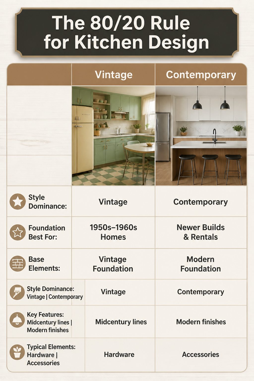 An informative image illustrating the 80/20 rule for kitchen design.