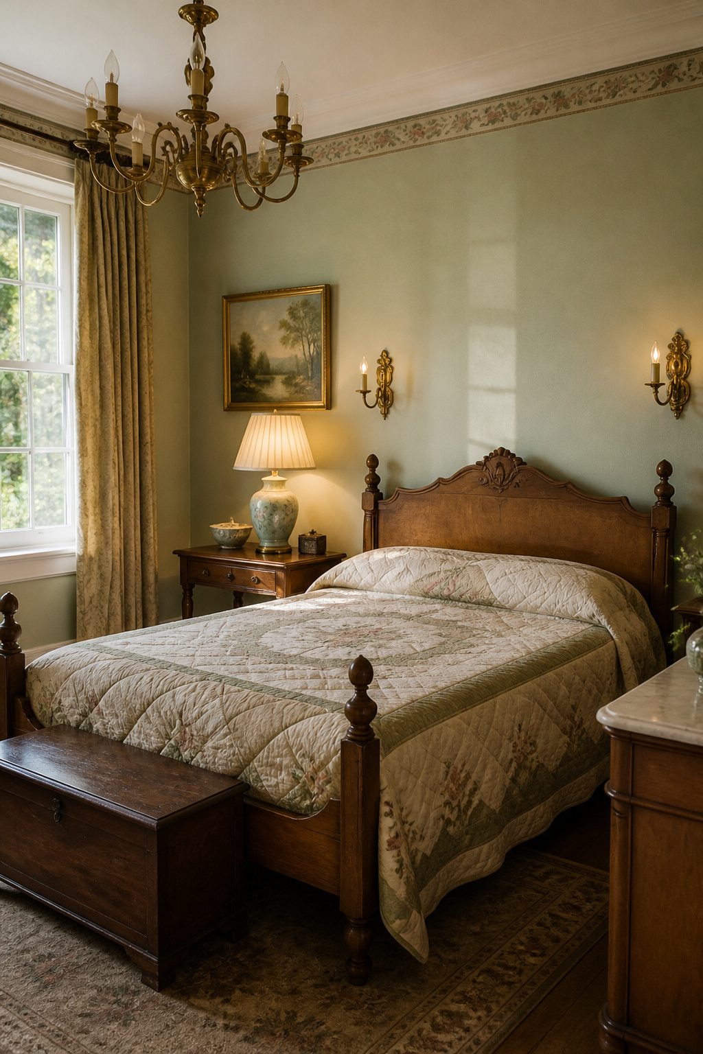 A brass chandelier and ceramic lamp on a wooden bedside table.