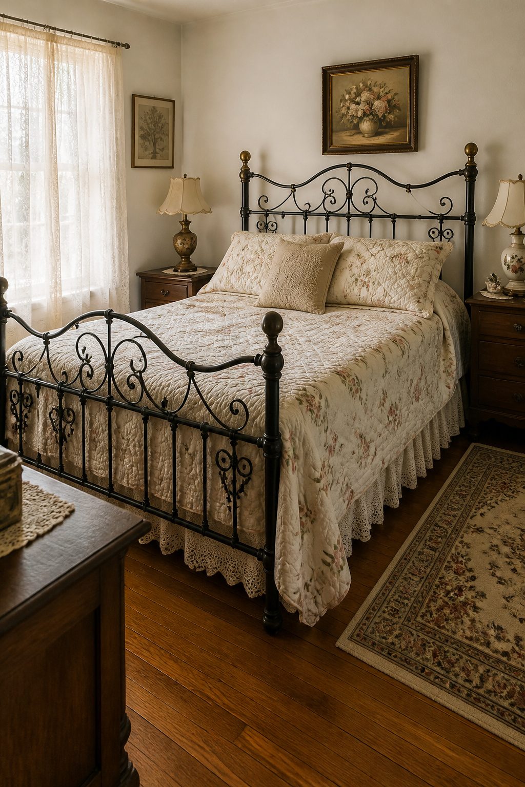 A wooden bed frame with an antique finish in a vintage bedroom.