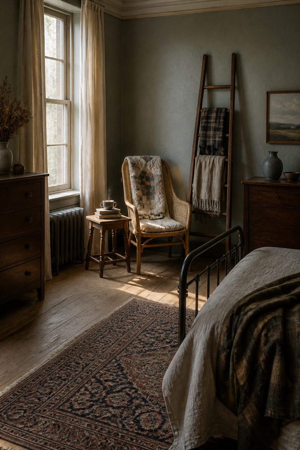 A reading corner with a cane chair and small wooden side table.