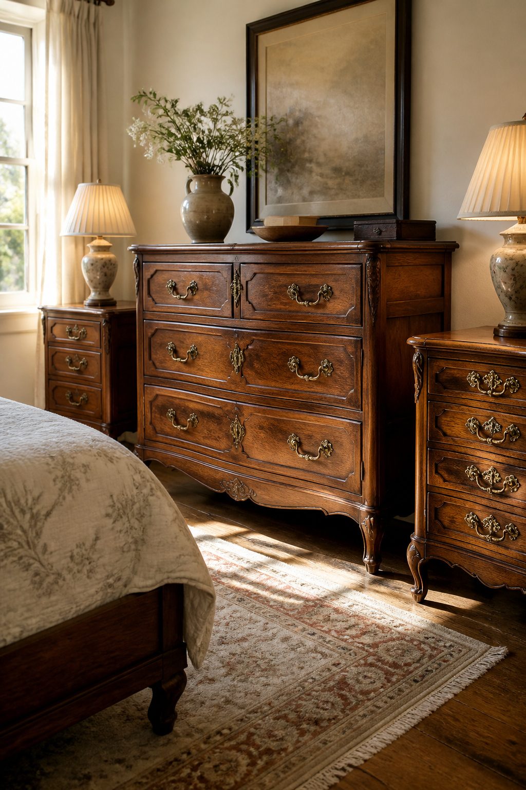 Antique dressers and nightstands made of solid wood in a vintage bedroom.