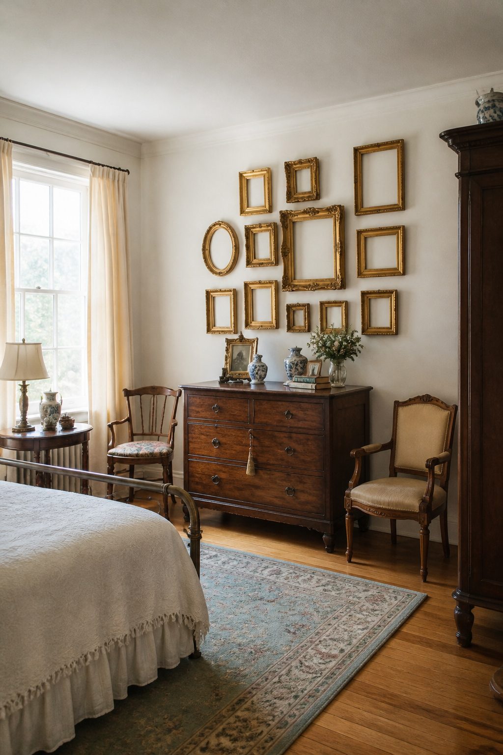 A cluster of empty vintage gilt frames hung on a wall.