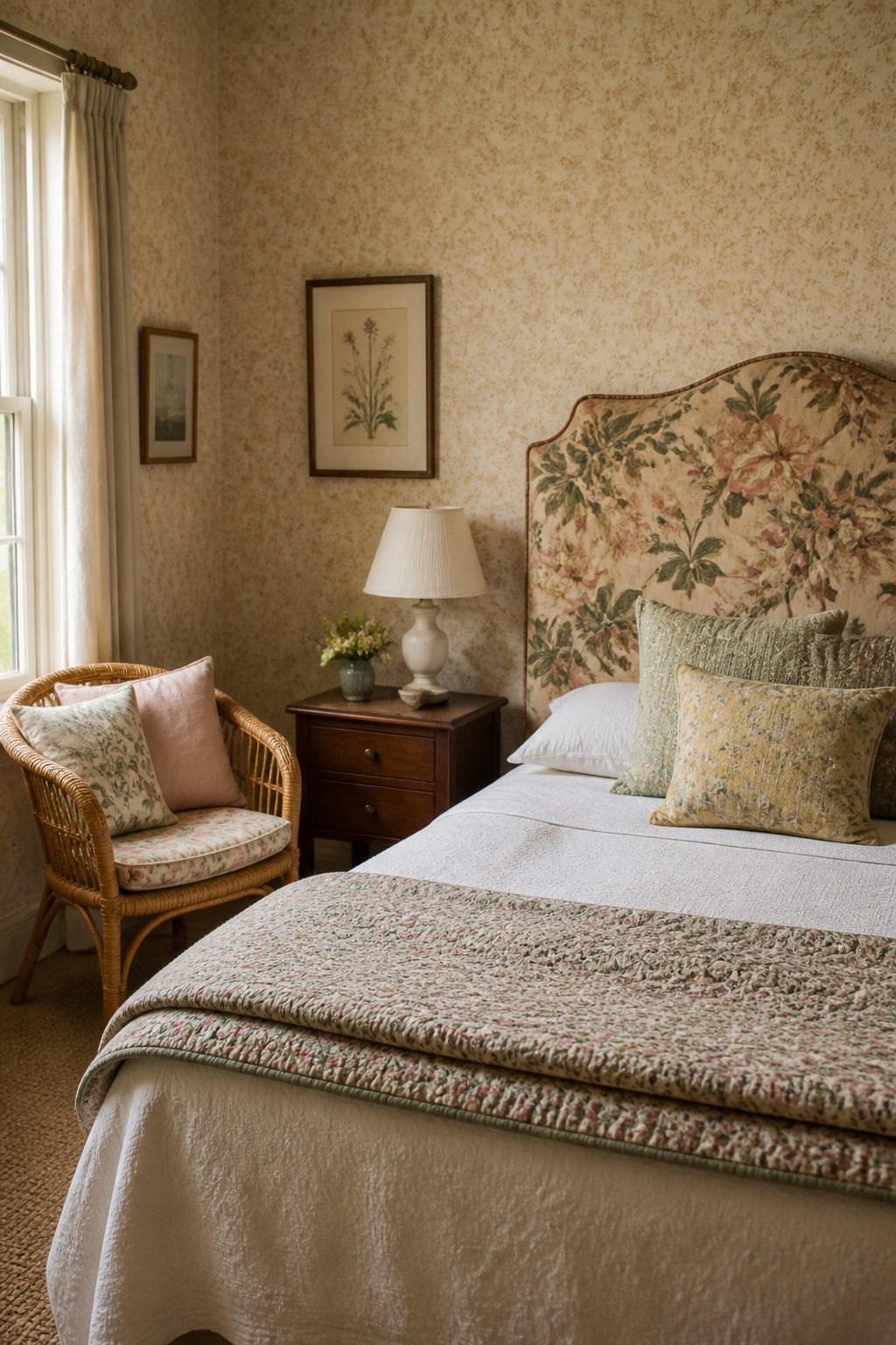 A wall with muted floral wallpaper and a bold floral headboard.