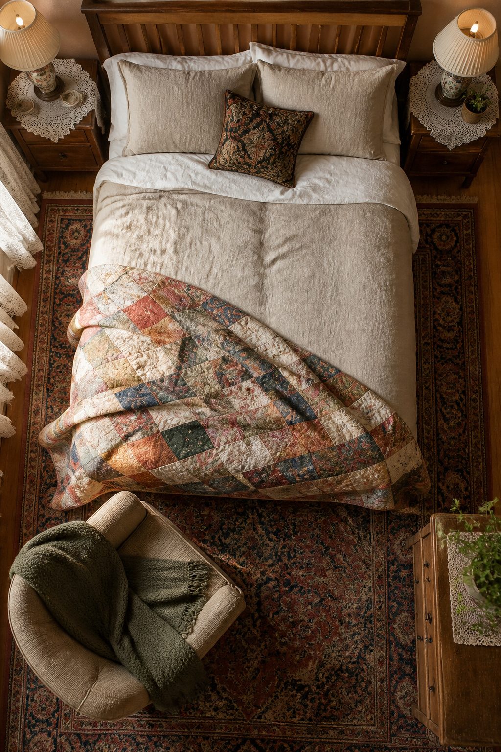 A variety of textiles including a quilt and cotton sheets on the bed.