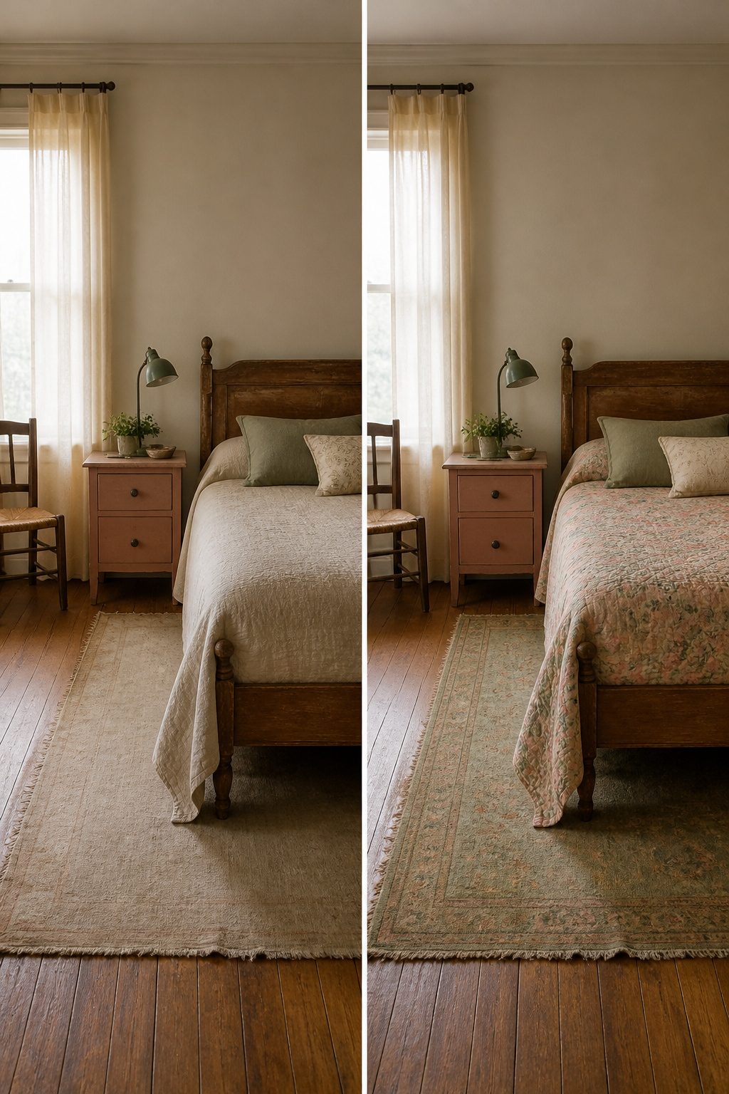 A vintage bedroom featuring muted tones of pink and blue.