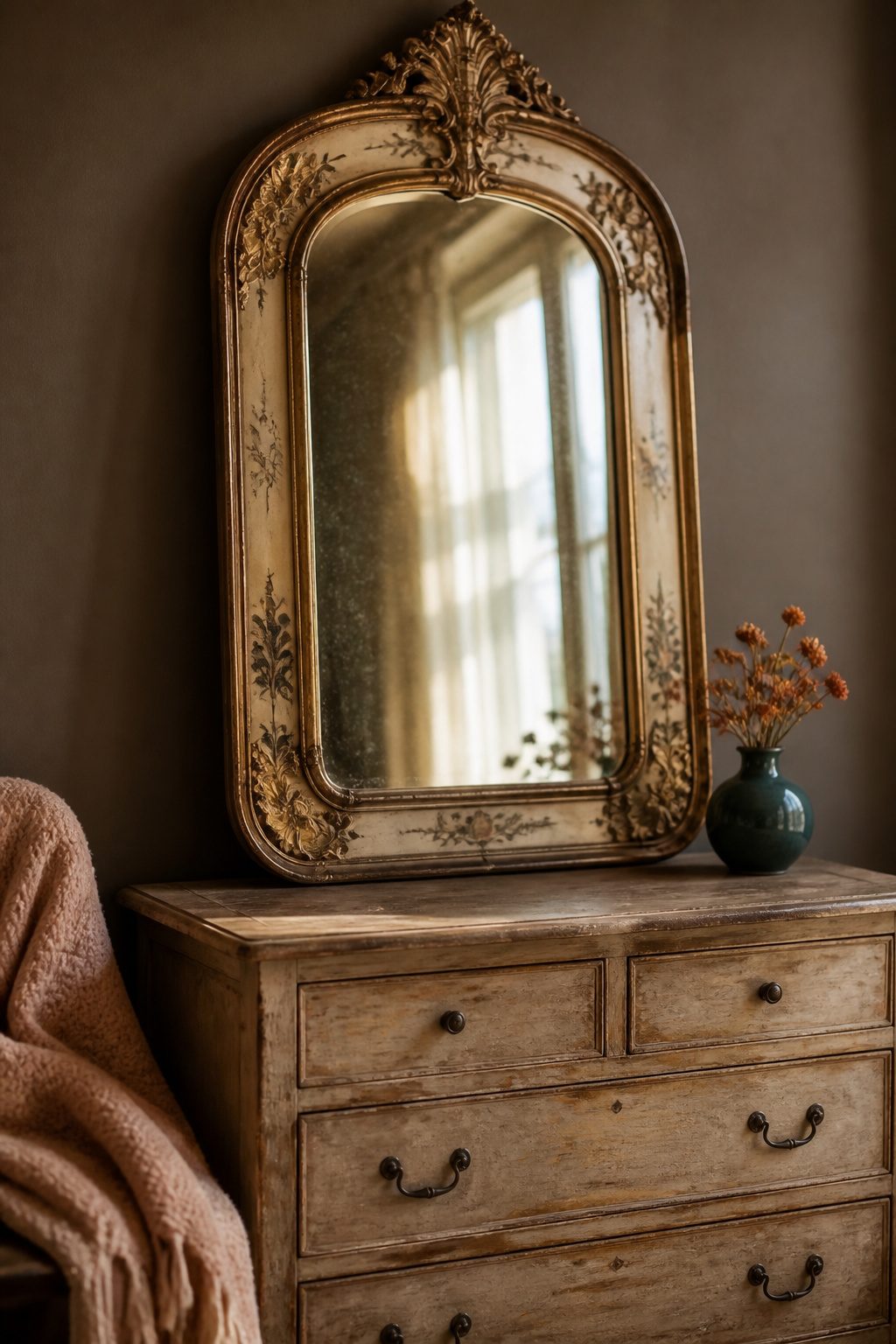 A giltwood mirror with intricate detailing above a dresser.