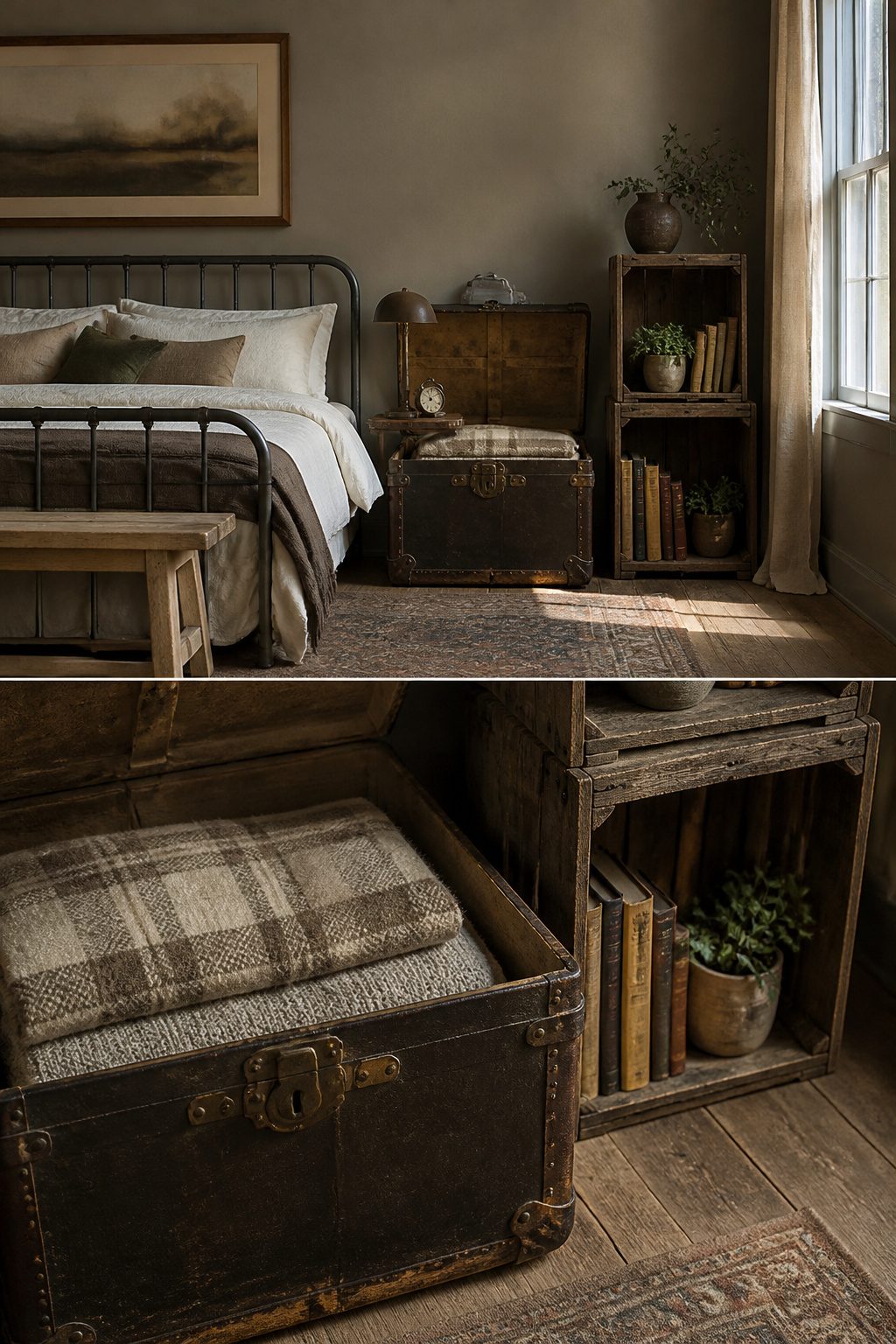 An old trunk beside a bed used as a nightstand.