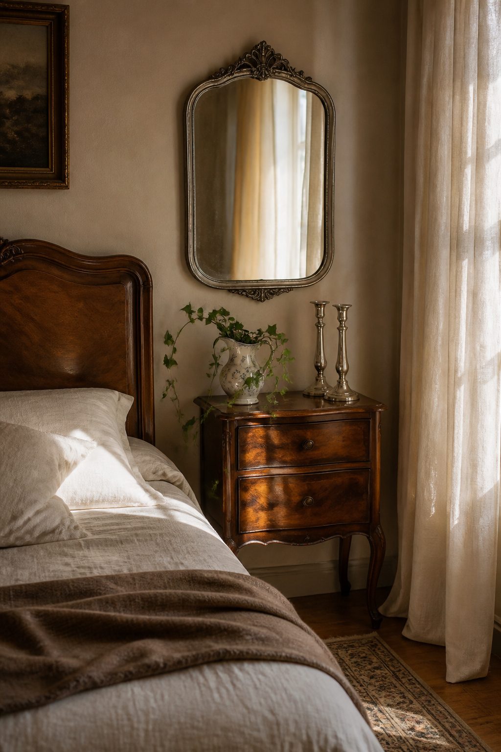 A silver-framed mirror and candlesticks on a wooden nightstand.