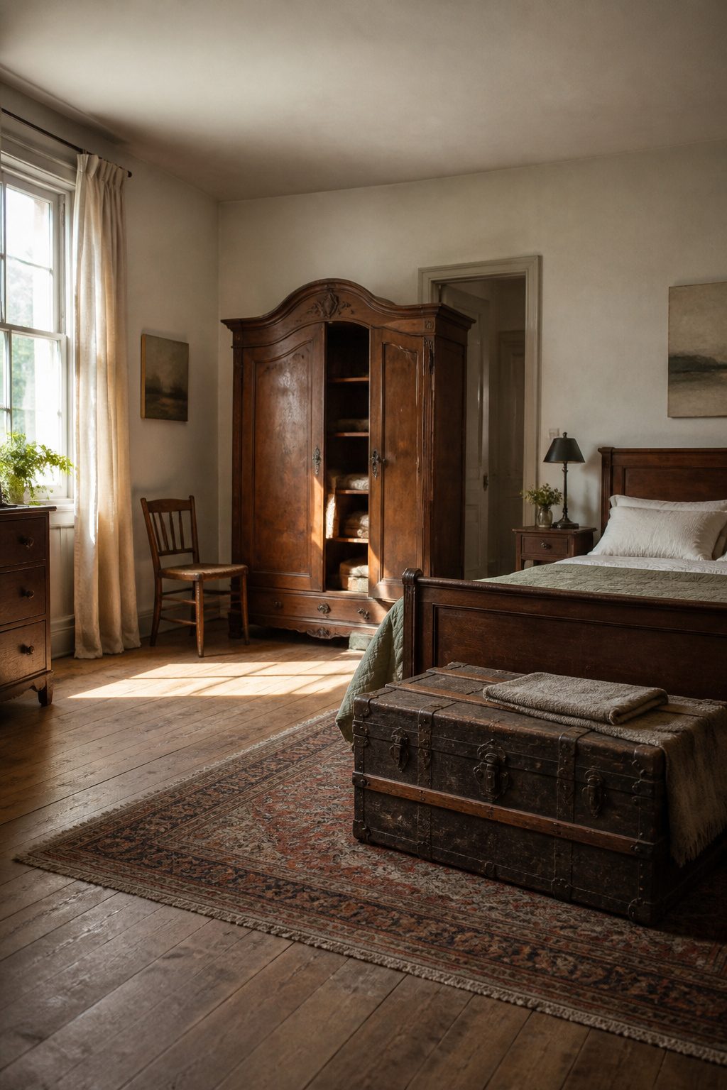 A solid wood armoire with curved details in a vintage bedroom.