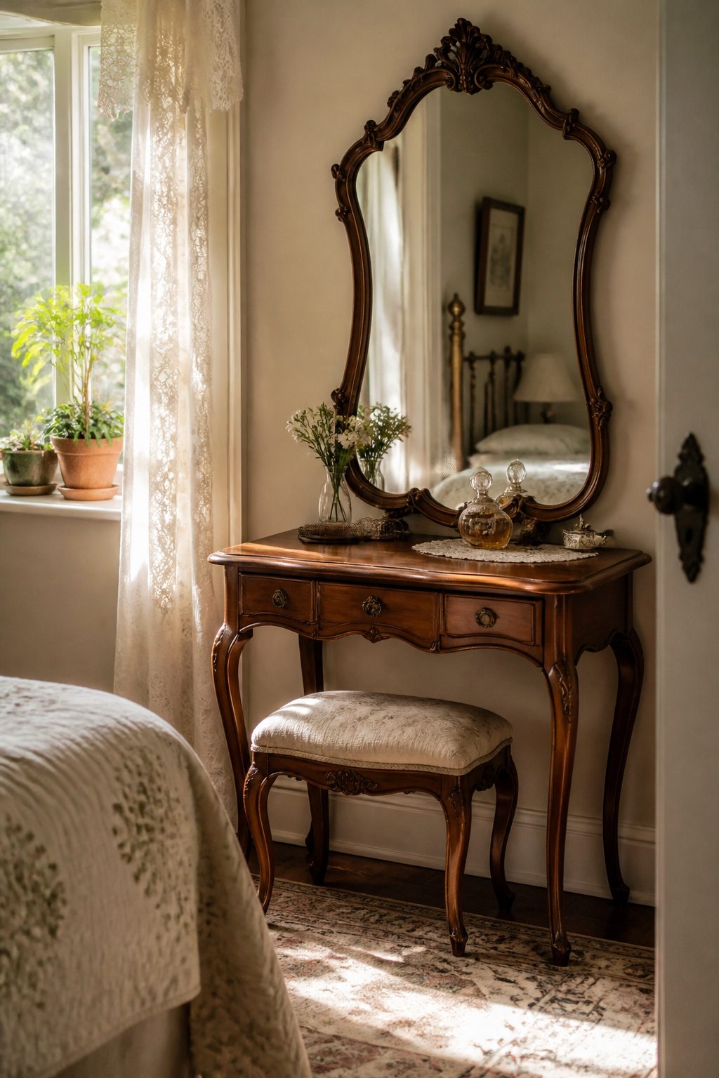 A vintage vanity with an ornate mirror and a wooden stool.