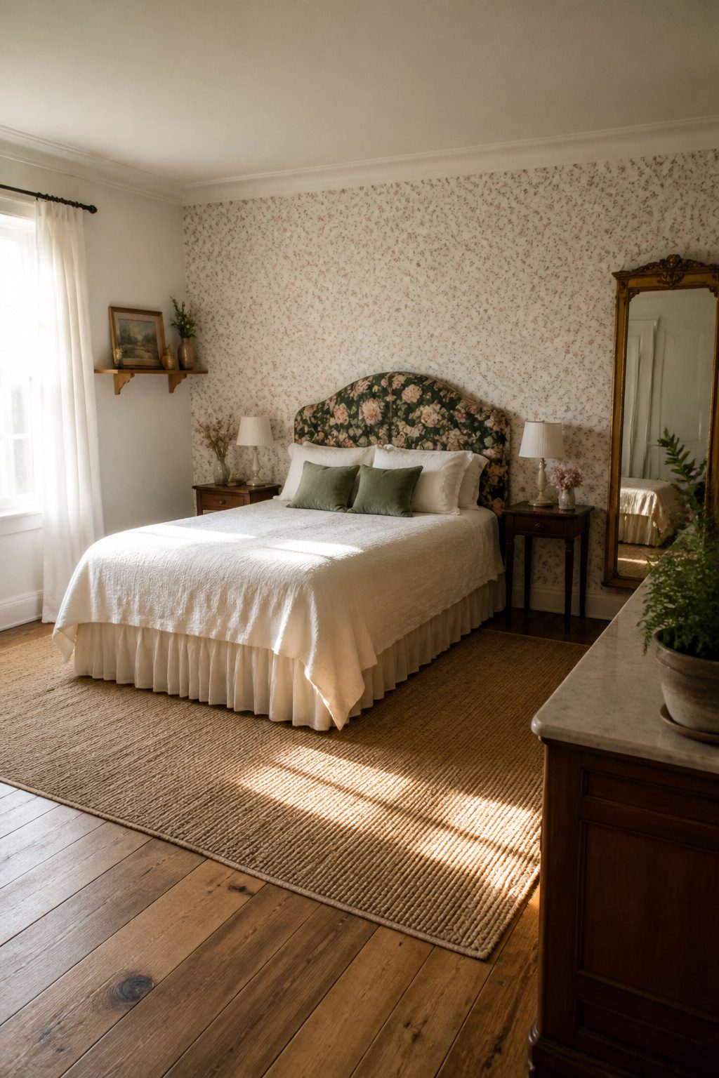 Vintage wallpaper with a muted ditsy print in a bedroom.