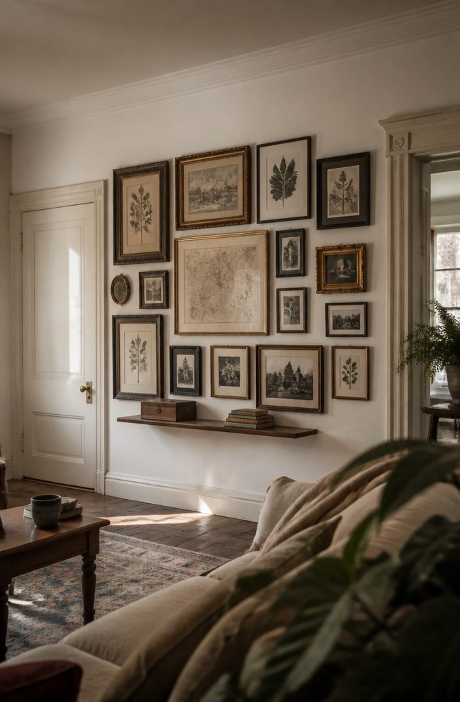 Gallery wall of vintage prints and old photographs in mismatched frames