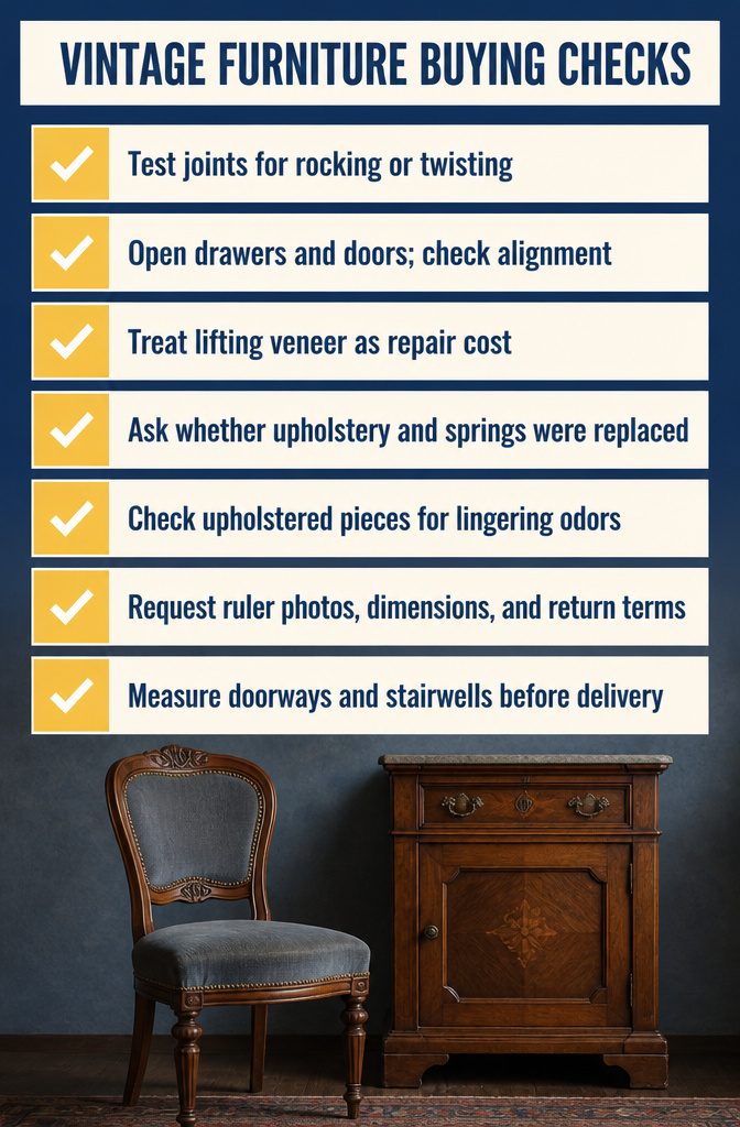 Vintage furniture buying checks information graphic about joints drawers and veneer