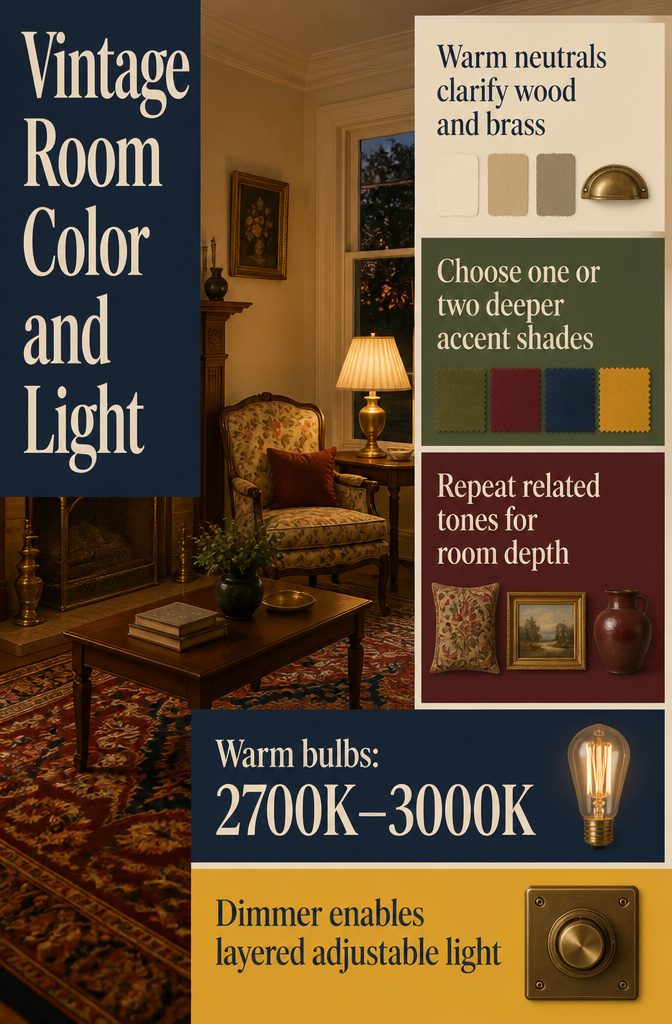 Vintage room color and light information graphic with warm neutral and deep accent swatches