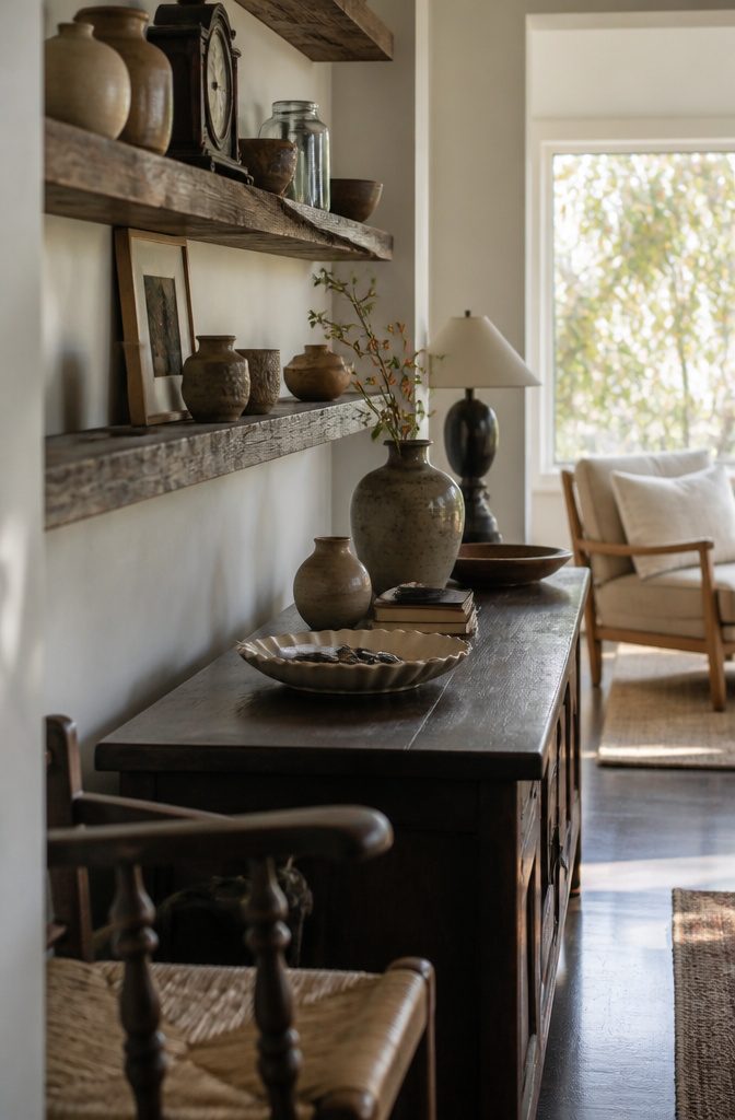 Cream pottery and books on open shelves above an espresso console with a scalloped bowl