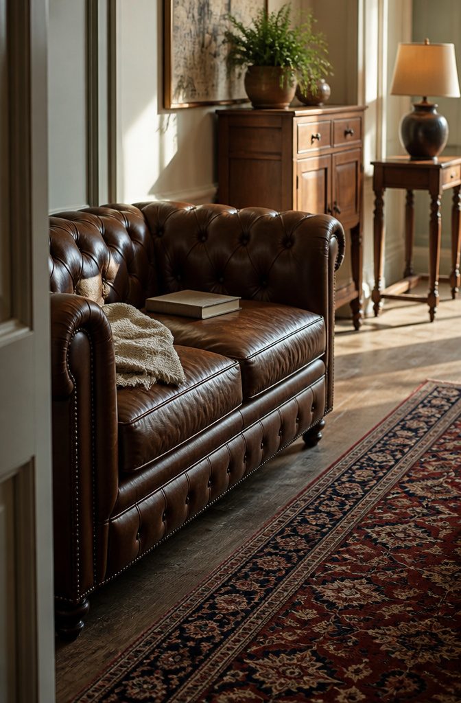 Chesterfield sofa with tufted upholstery and nailhead trim beside carved wood furniture