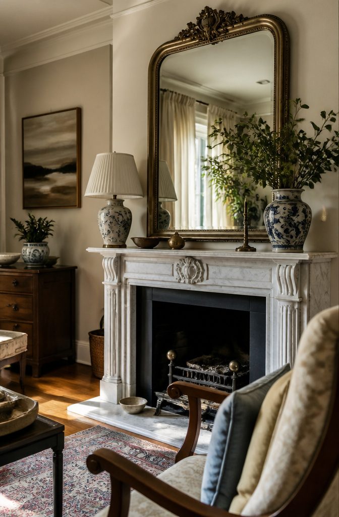 Antiqued gold mirror above white marble mantel with ceramic lamp and floral vase