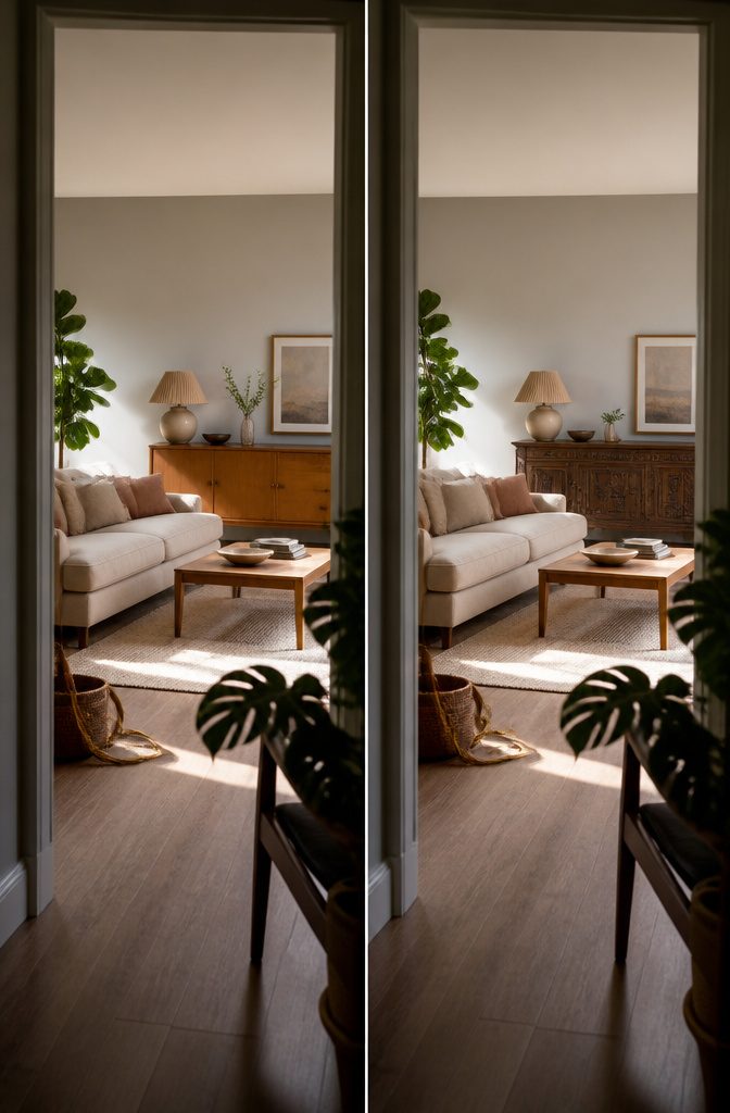 Vintage furniture arranged with a modern piece and clean lines