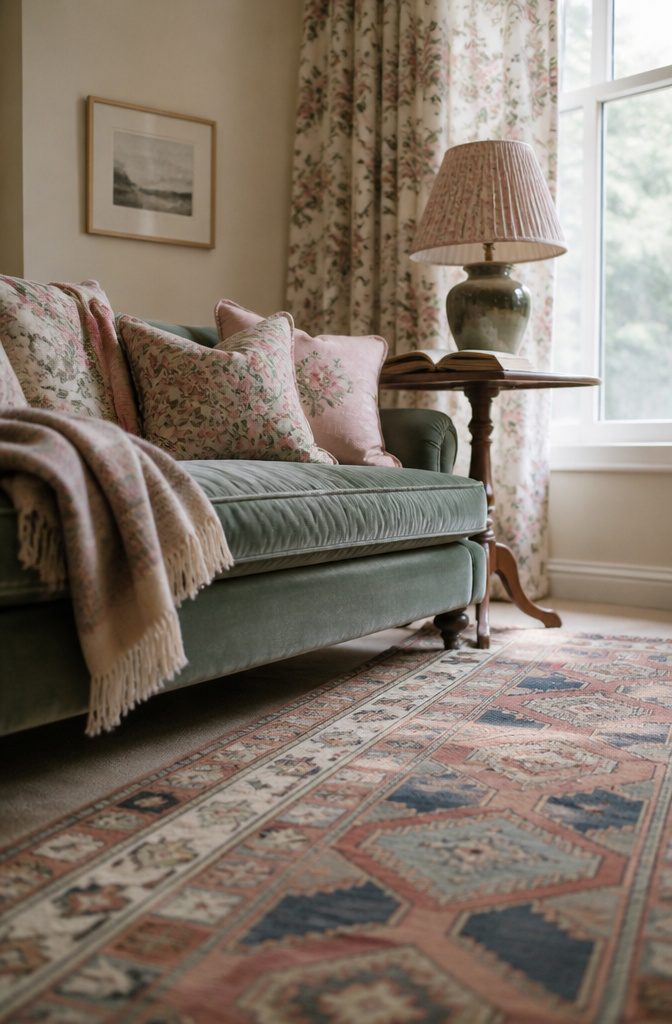 Floral cushions and wool throw on a sofa above a patterned rug