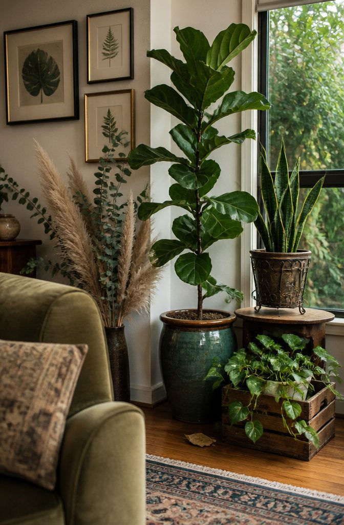 Fiddle-leaf fig in ceramic planter beside snake plant in wrought-iron planter