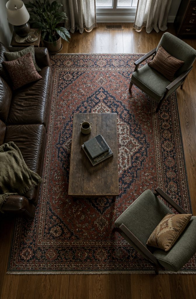 Patterned rug beneath the front legs of a sofa and chairs