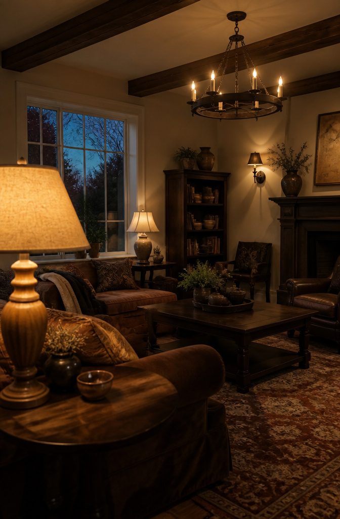 Wagon-wheel chandelier above a coffee table with fabric-shaded lamps nearby