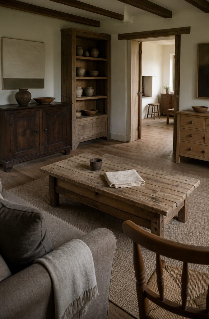 Weathered reclaimed wood coffee table and salvaged barn wood shelving