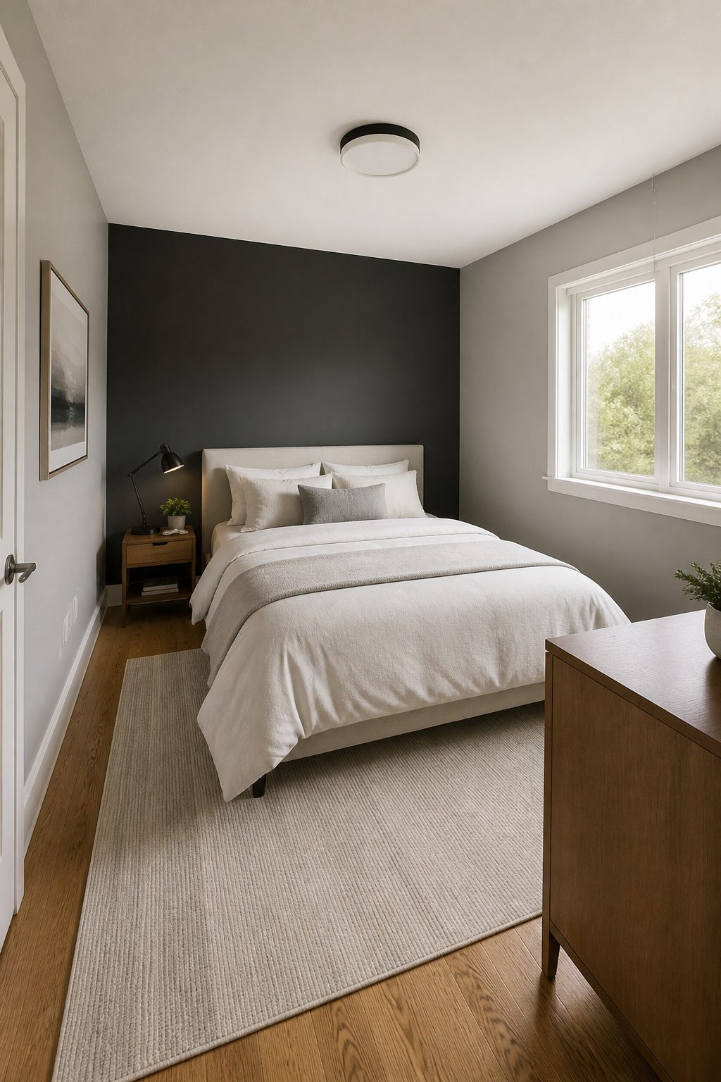 A small bedroom with an accent wall behind the bed.