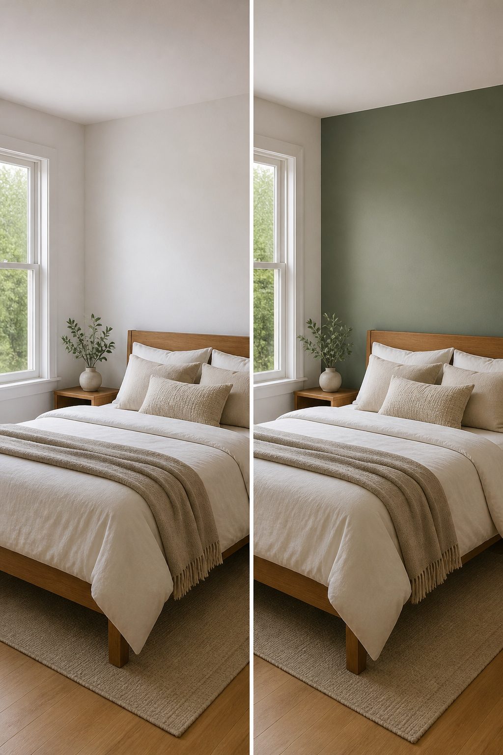 A small bedroom with a green accent wall and light-colored decor.