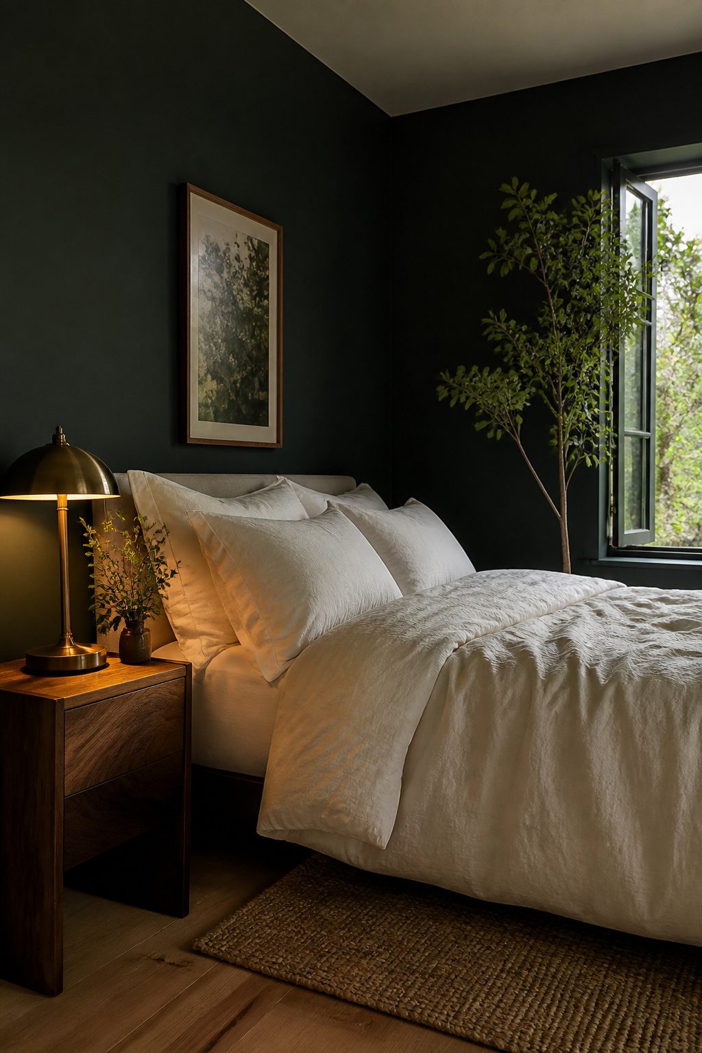 A small bedroom with dark green walls and warm white bedding.