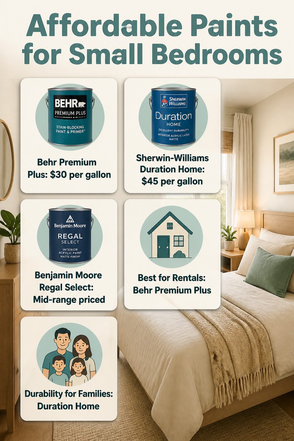 An image showcasing affordable paint options for small bedrooms.