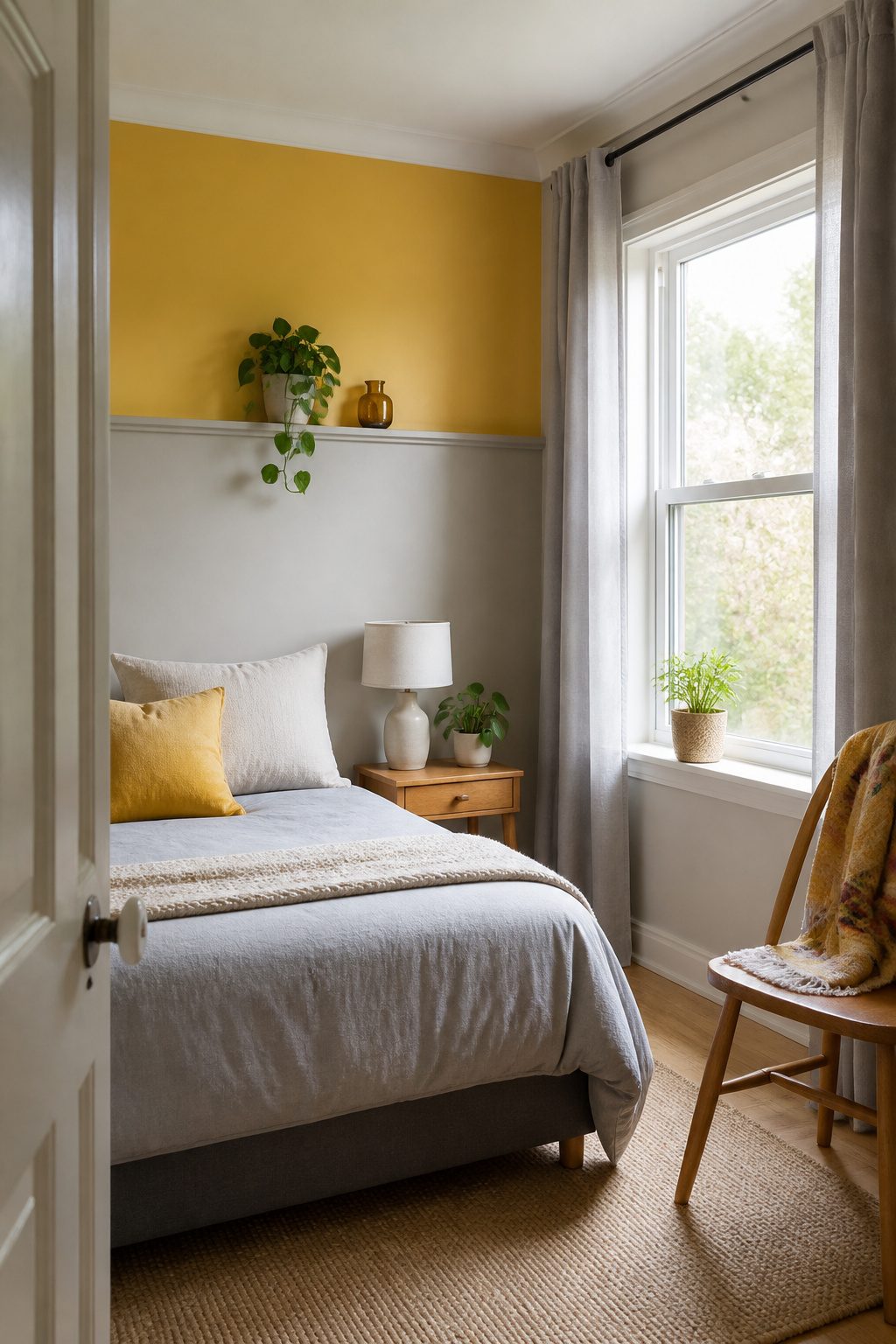 A small bedroom featuring a yellow accent wall and gray bedding.