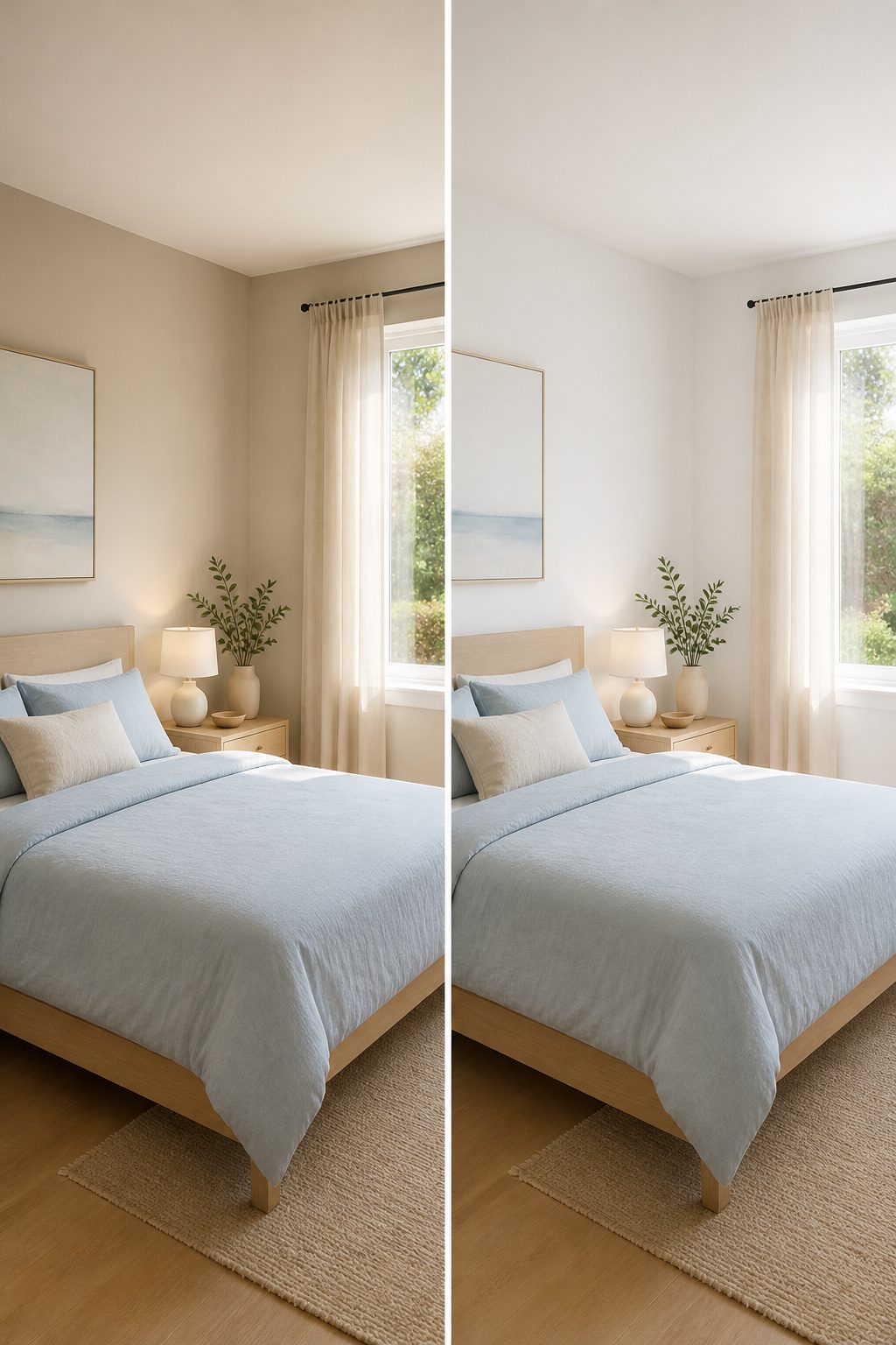 Light-colored walls in a small bedroom with white bedding and soft decor.