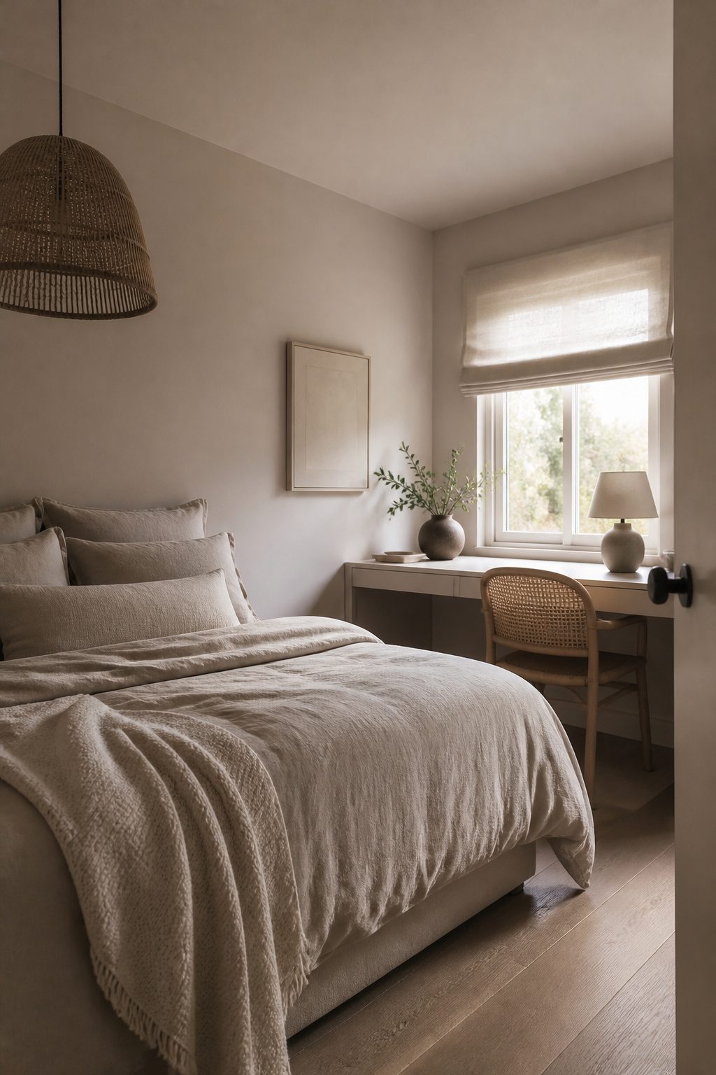 A small bedroom with matching pastel walls, ceiling, and bedding.