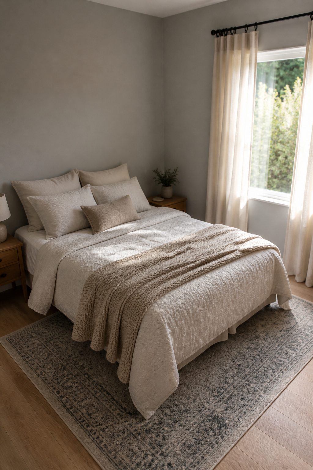 A small bedroom with light gray walls and neutral bedding.