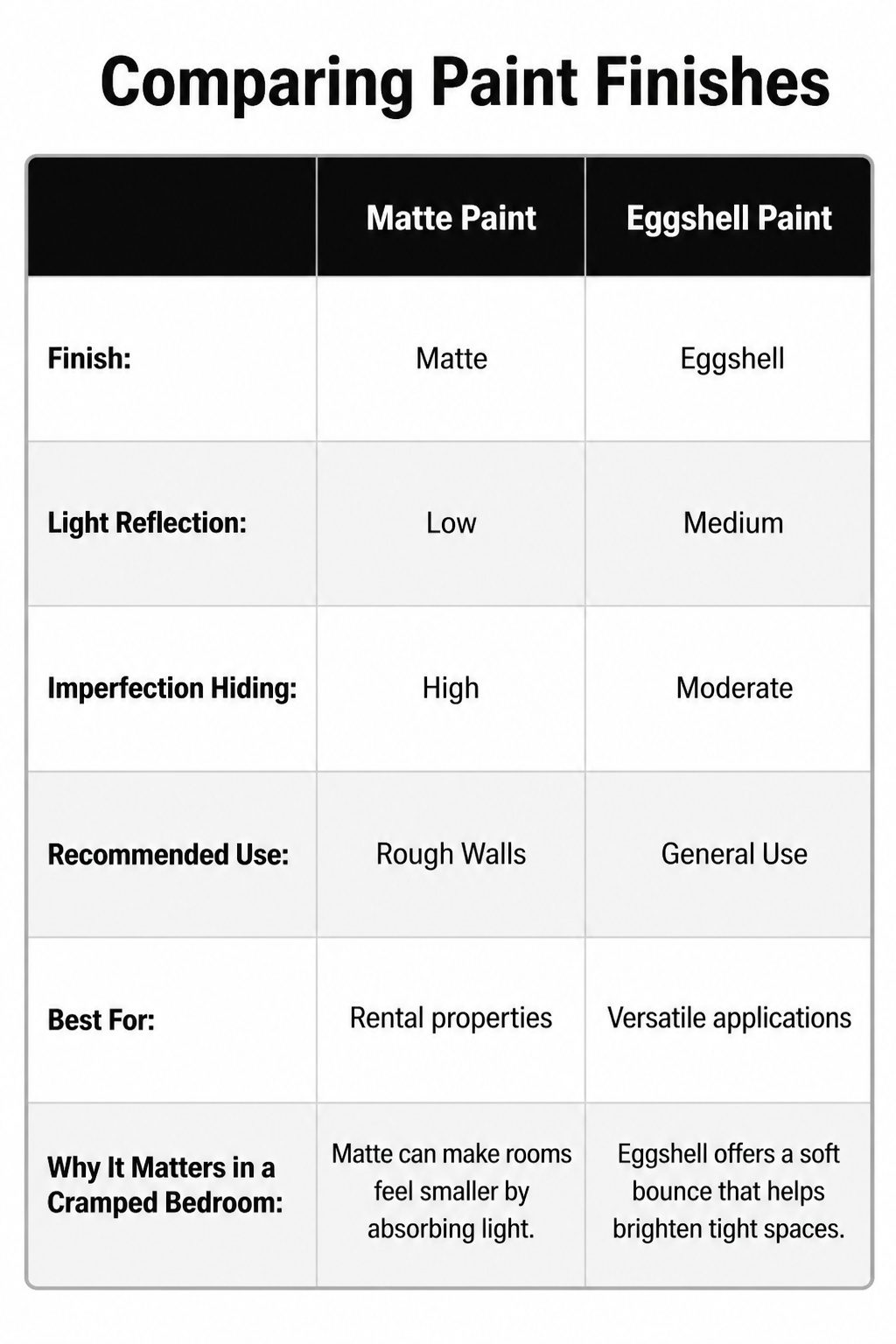 A comparison of different paint finishes for interior walls.