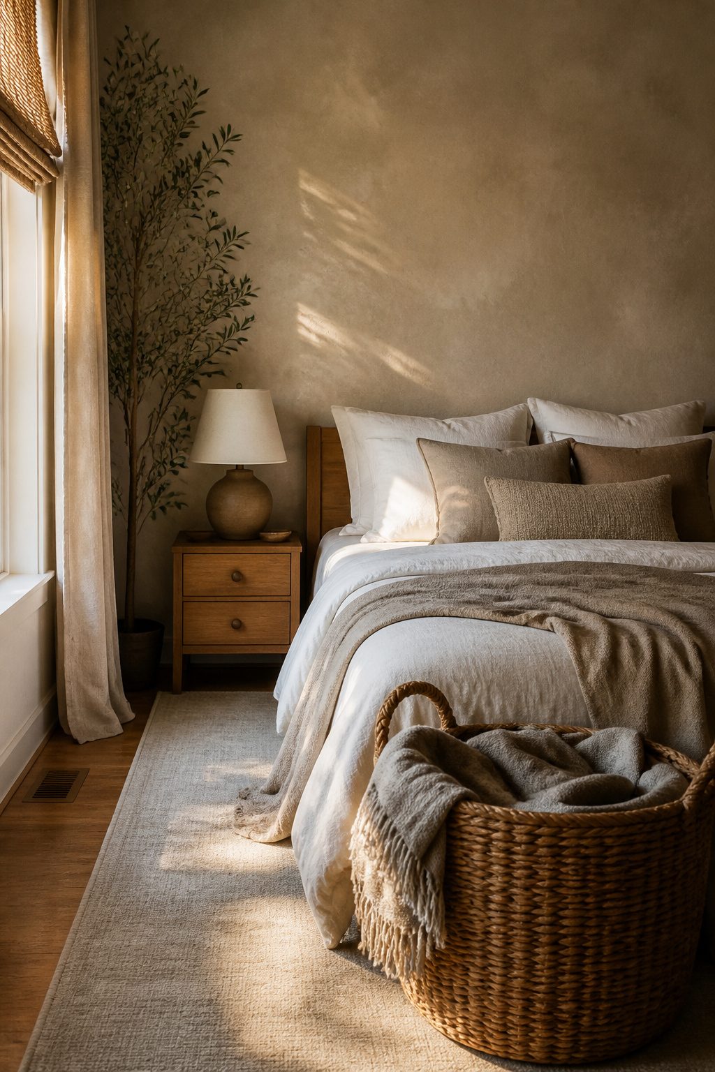 A small bedroom with a textured wall and neutral bedding.