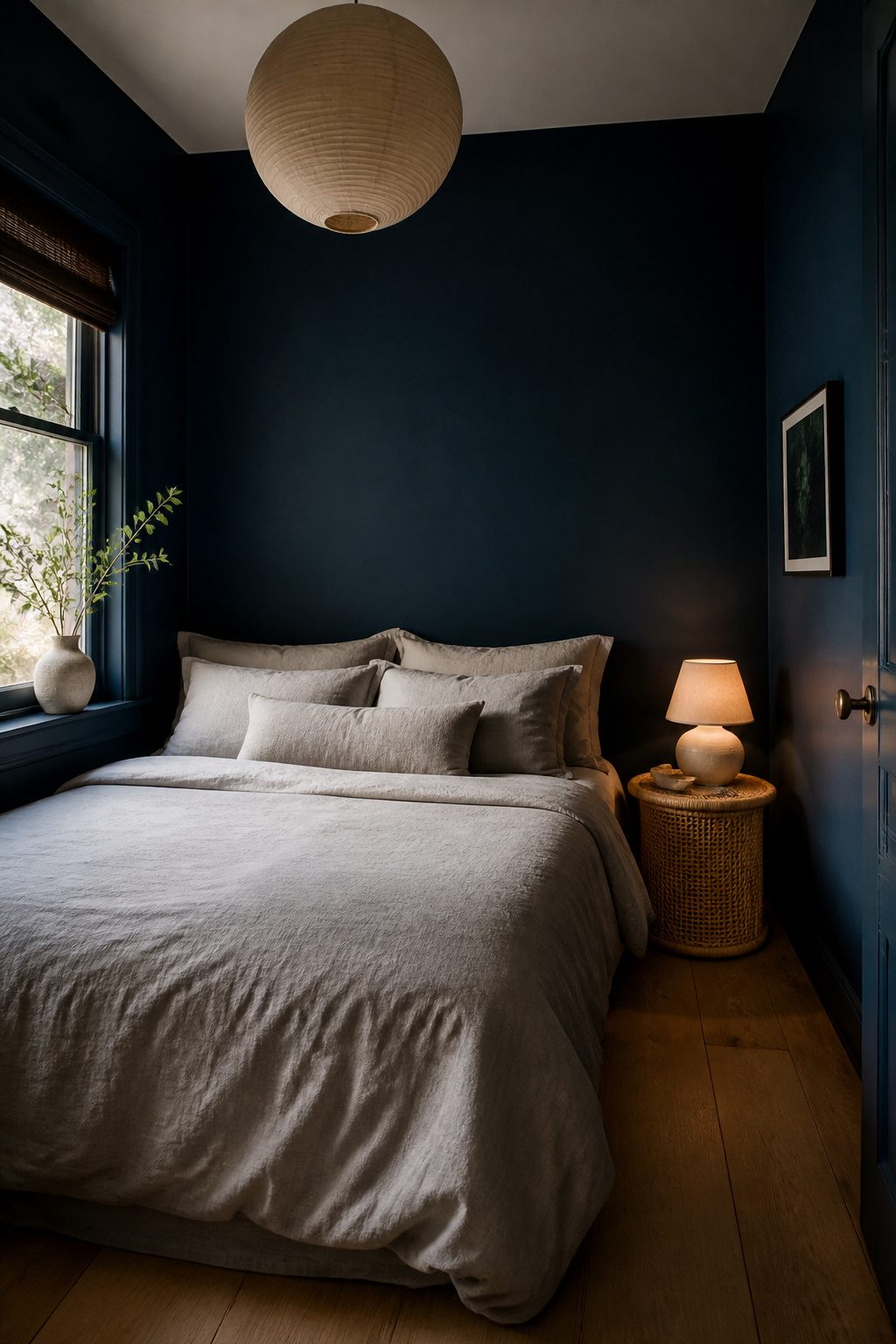 A small bedroom with navy blue walls and light gray bedding.