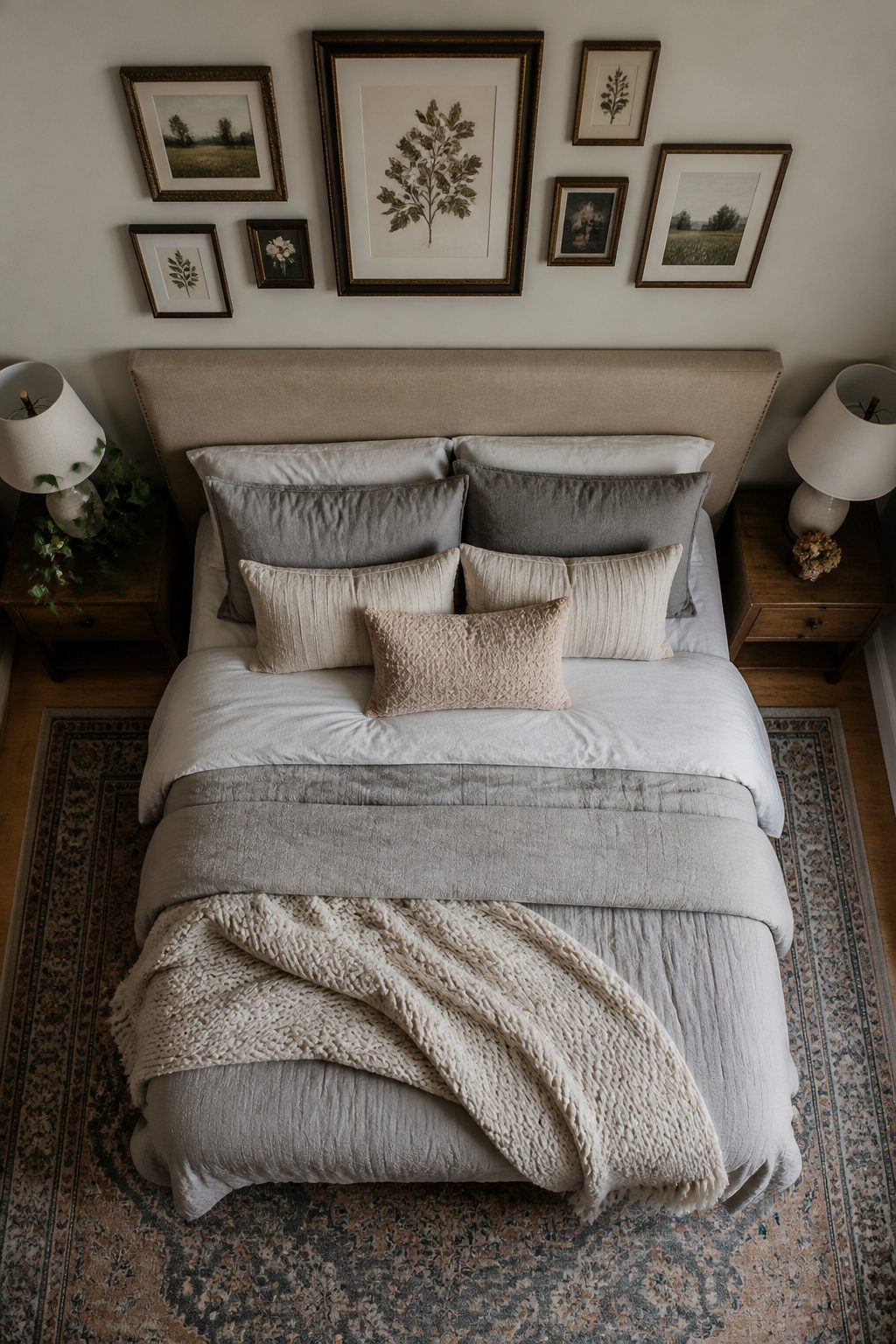 A gallery wall with various framed pieces above a bed.