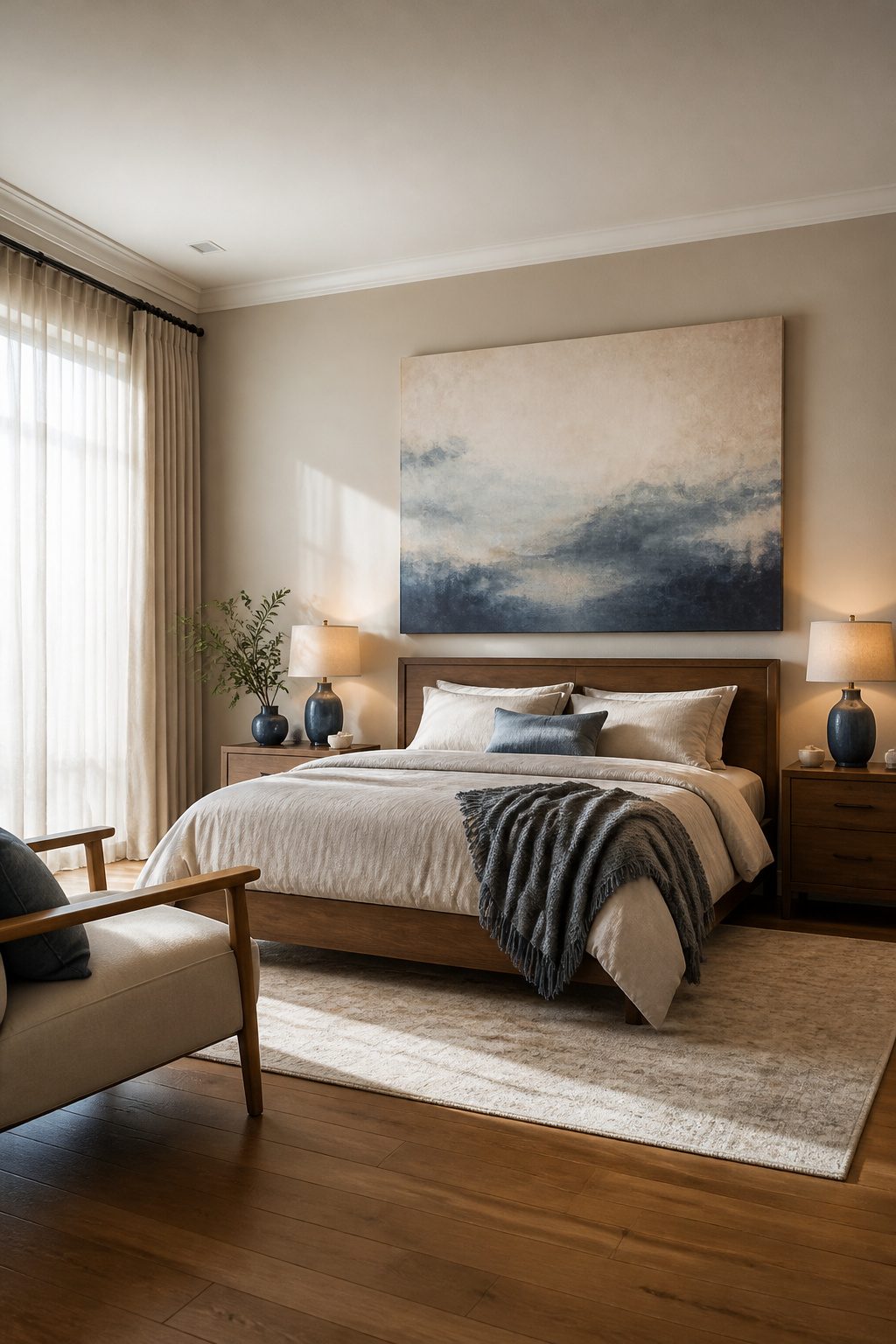 A single large piece of canvas artwork above the bed.