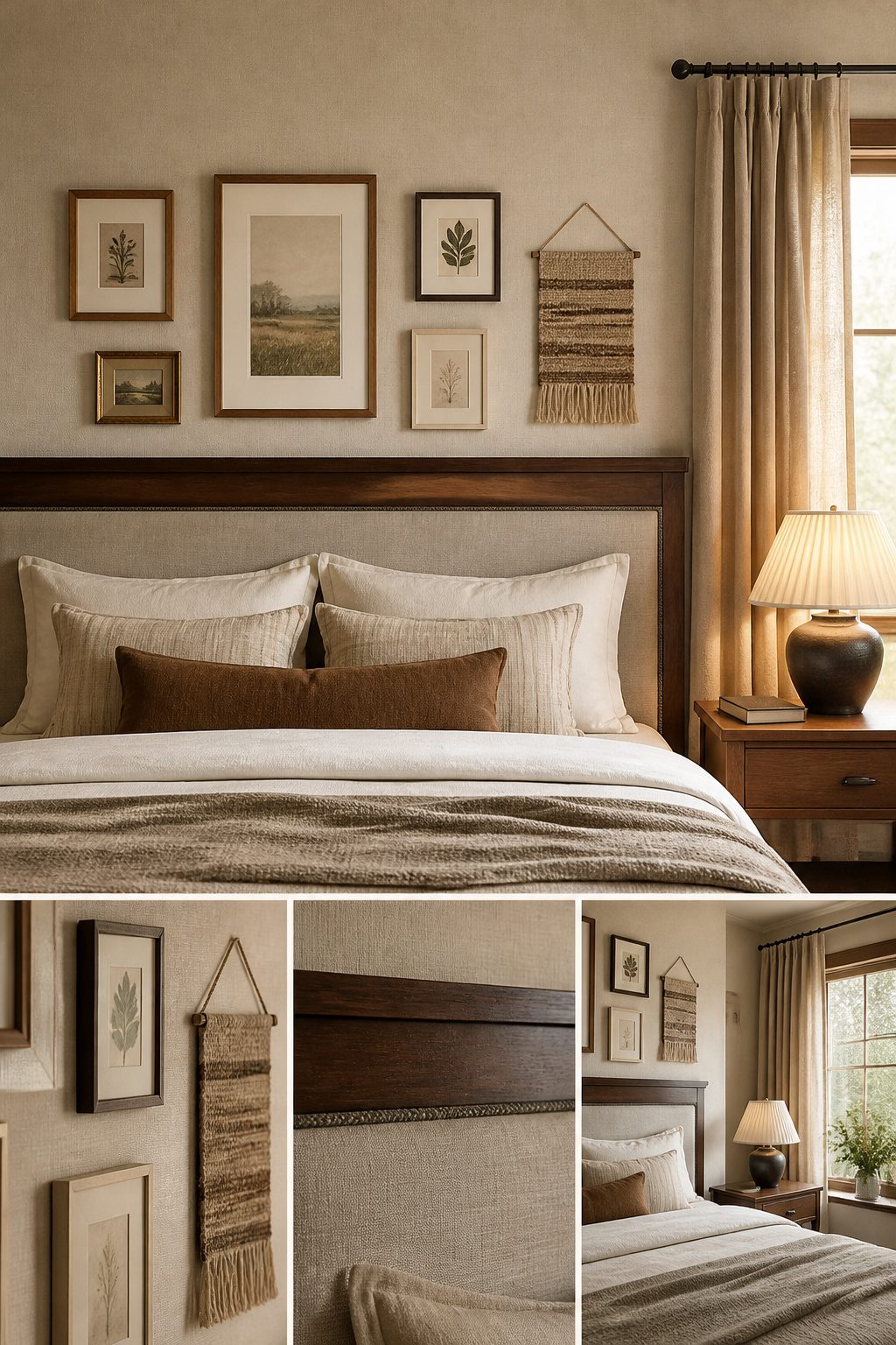 A bedroom wall showing layers of decor above the bed.