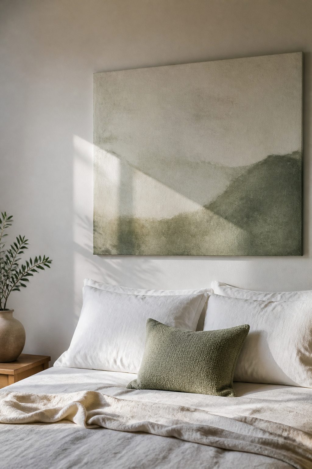 A minimalist art piece with a restrained color palette above a bed.