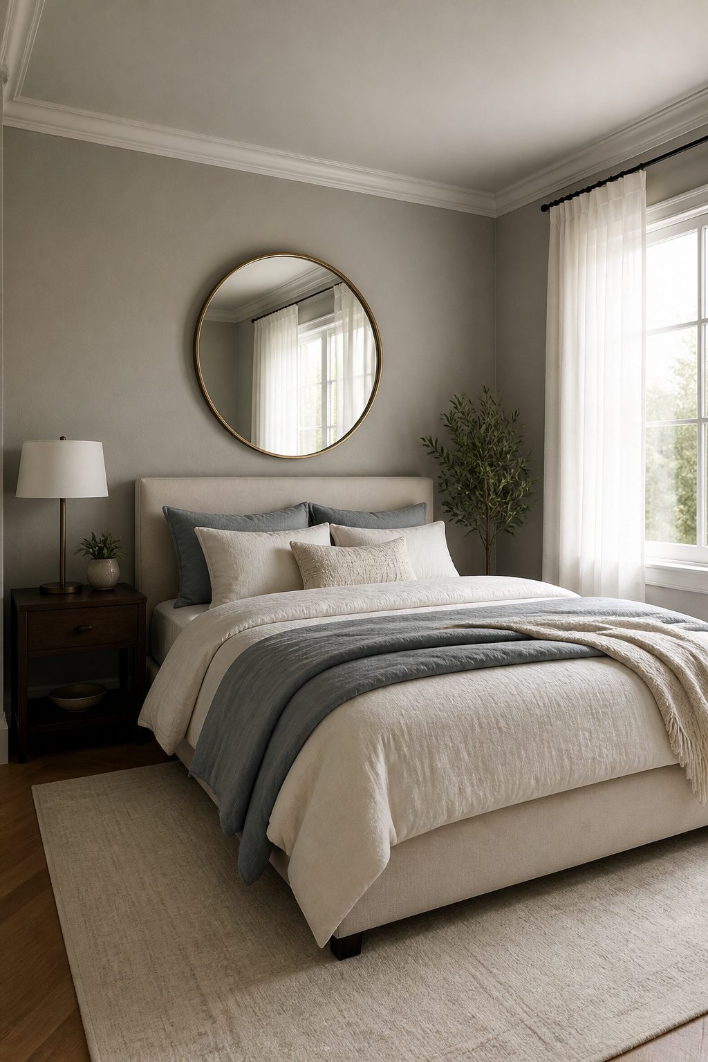 A large mirror positioned opposite a window in a bedroom.