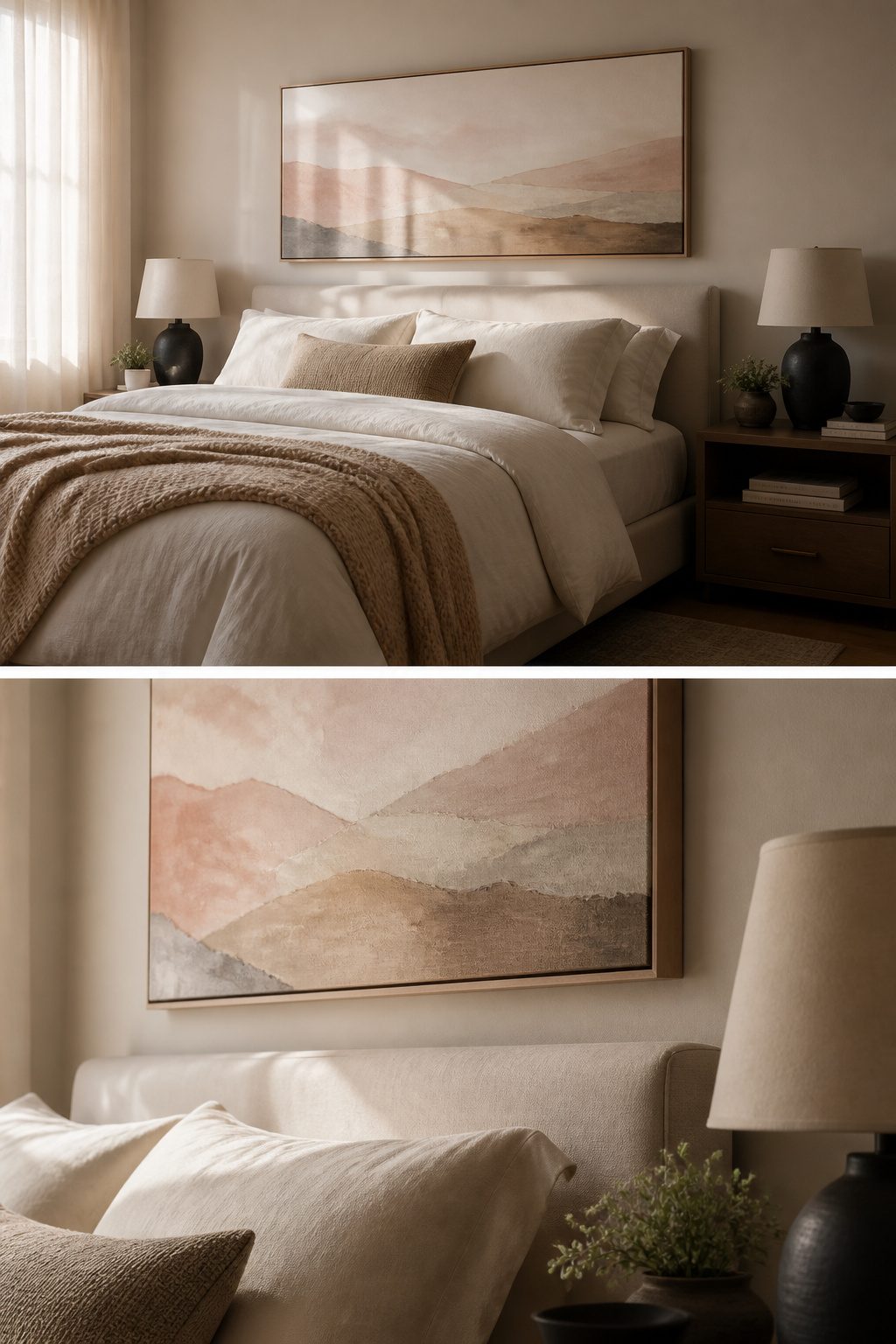 A custom piece of art displayed above a bed.