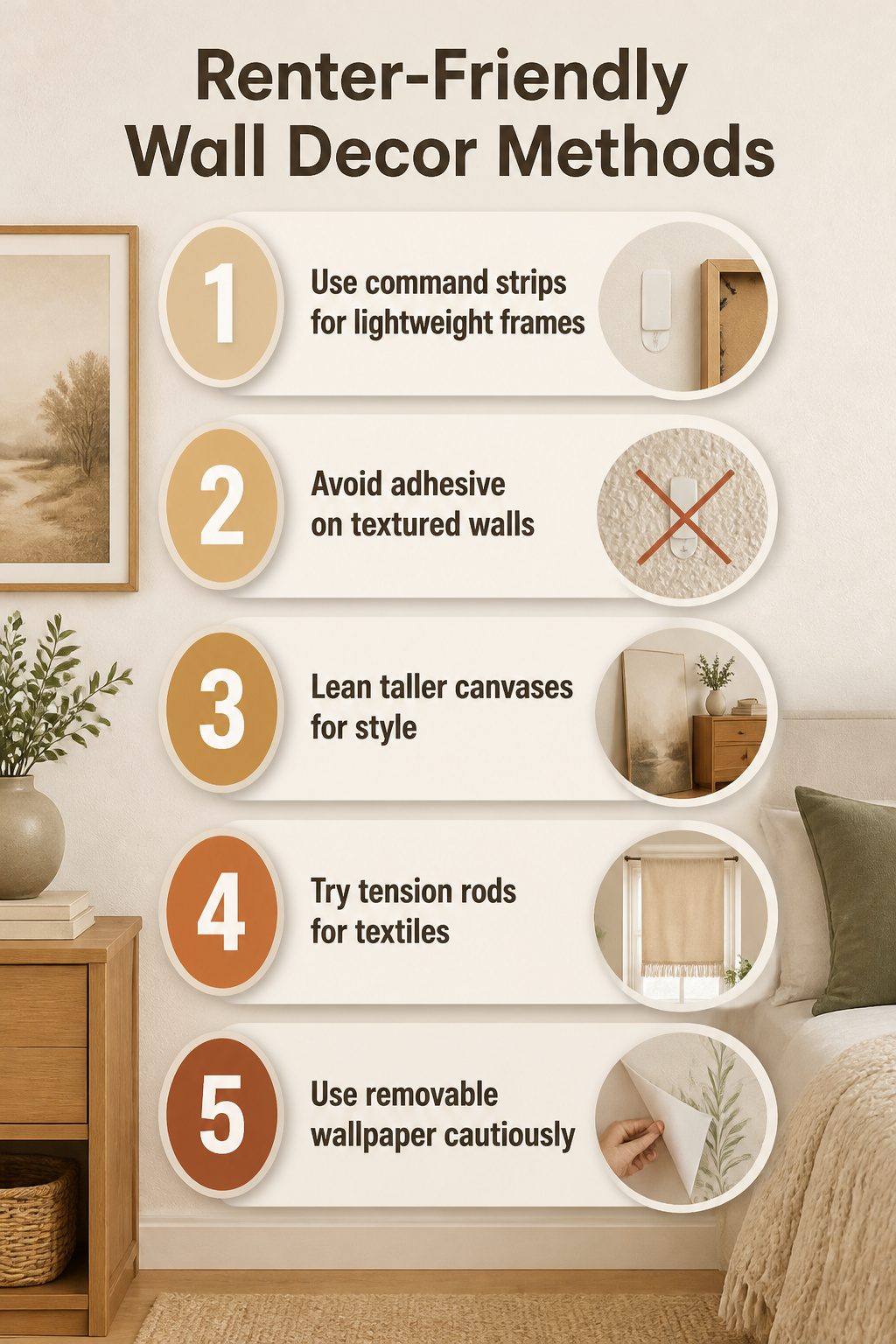 Information on renter-friendly wall decor methods for apartments.