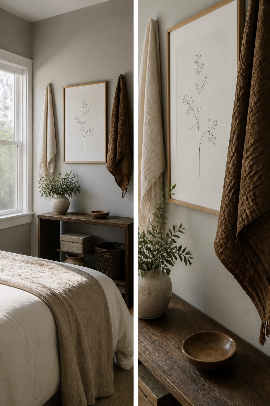 A framed print and textiles ready for seasonal swaps on a wall.